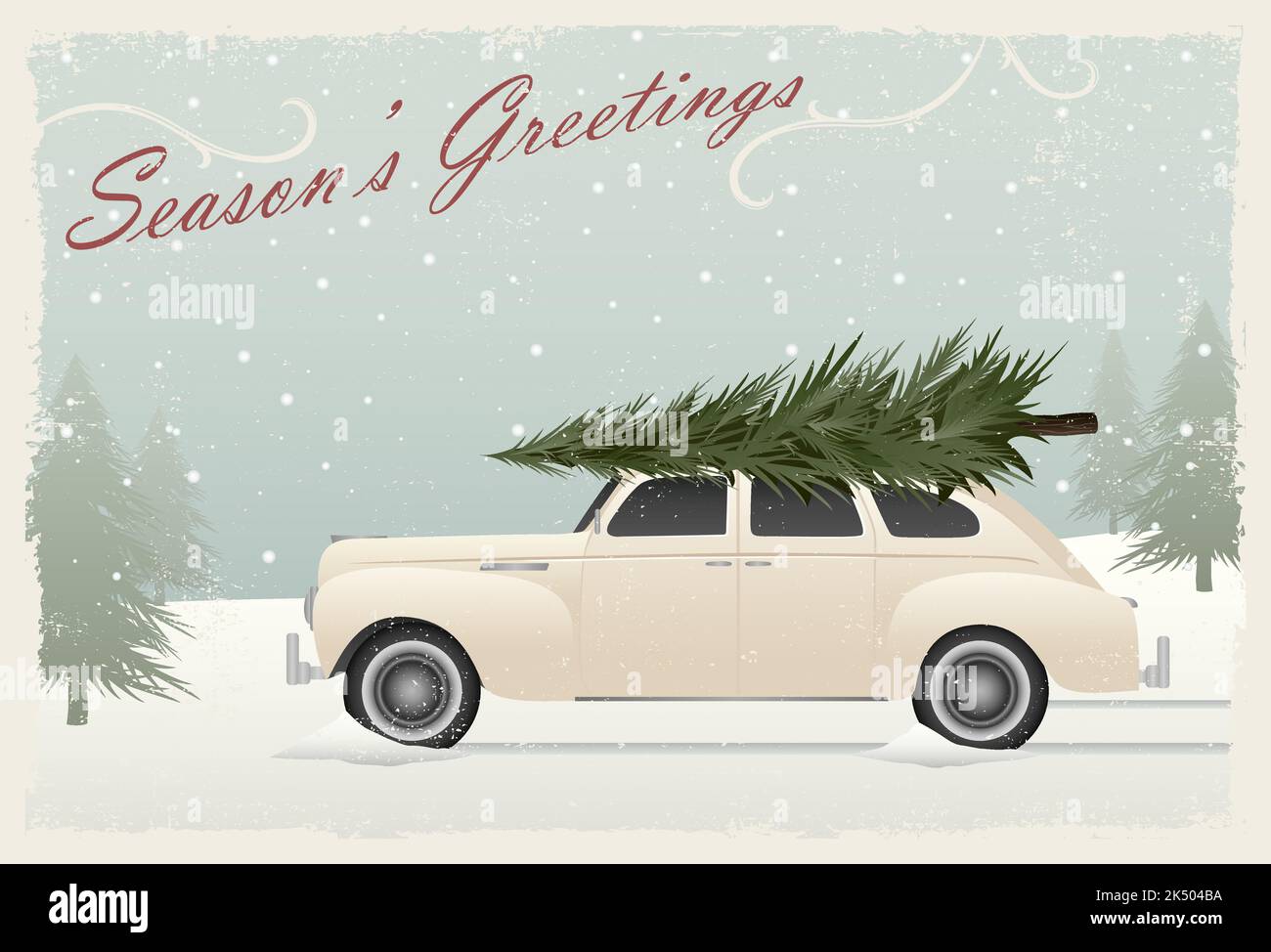 A vintage car with a Christmas tree on top, greeting card style with grunge texture Stock Vector