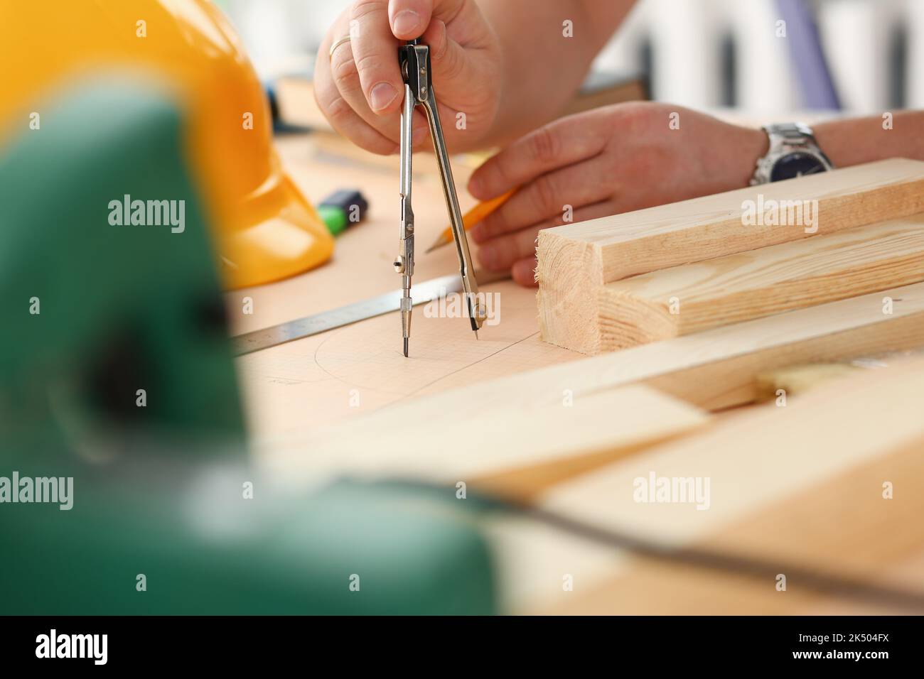 Building architectural design and construction plans with blueprints Stock Photo