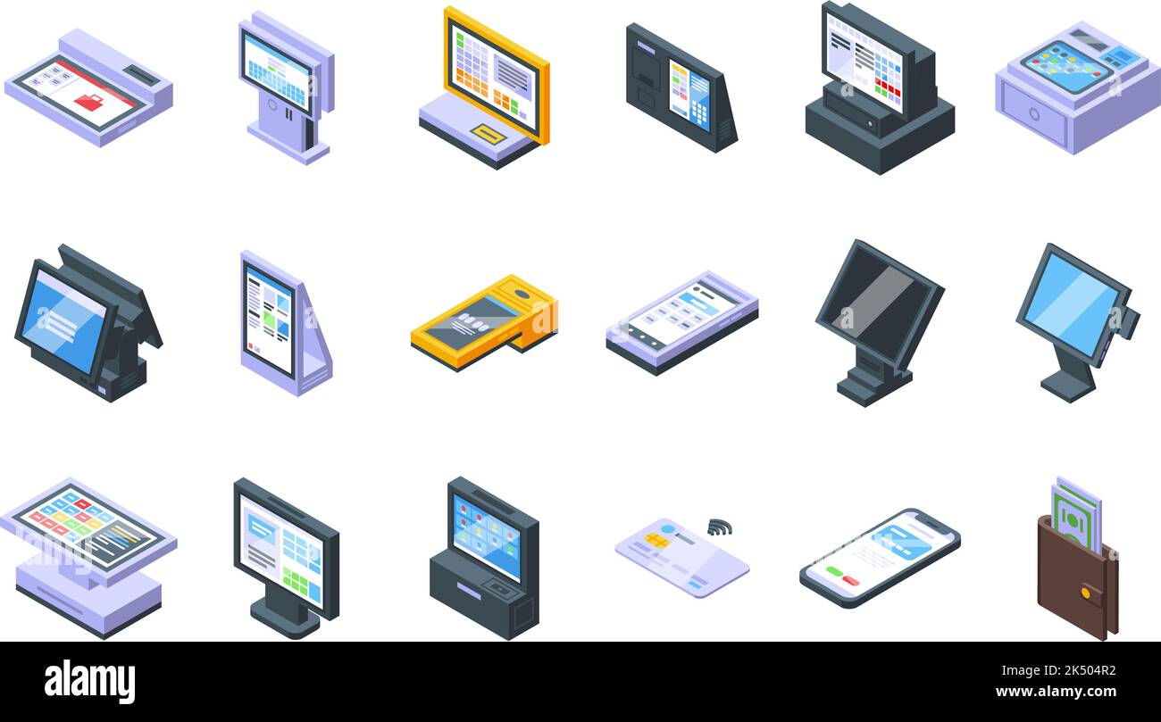 Touchscreen cash register icons set isometric vector. Self checkout. Machine service Stock Vector