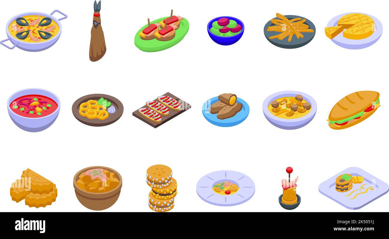 Spanish cuisine icons set isometric vector. Food cuttlefish. Plate fish Stock Vector