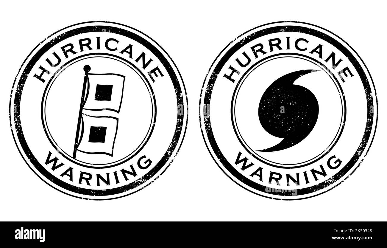 A pair of grunge stamps with hurricane warning designs. Isolated and transparent on white background. Stock Vector