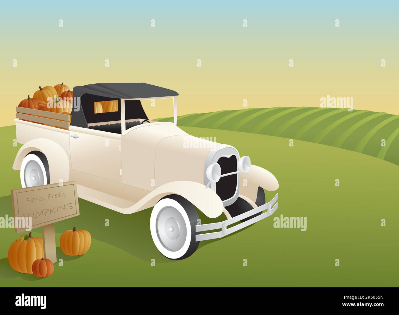A vintage style pickup truck loaded wit pumpkins out on the farm. Stock Vector