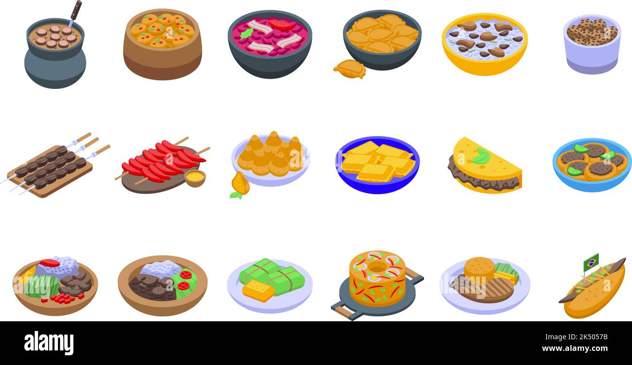 Brazilian culinary icons set isometric vector. Arancini bread. Rice ...