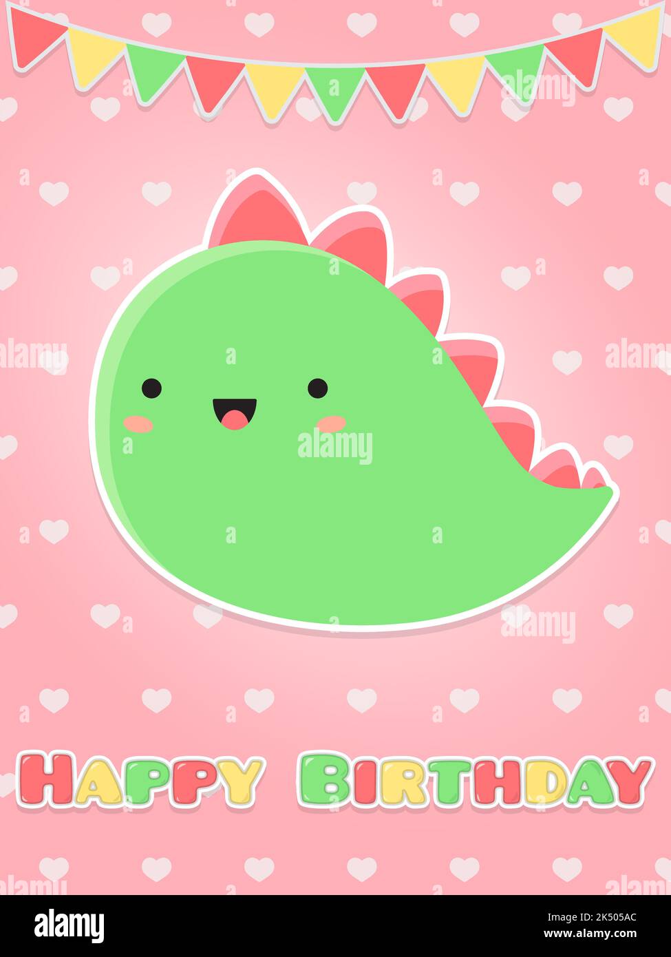 Greeting card Happy Birthday. Cute happy dinosaur. cartoon flat vector illustration. Stock Vector