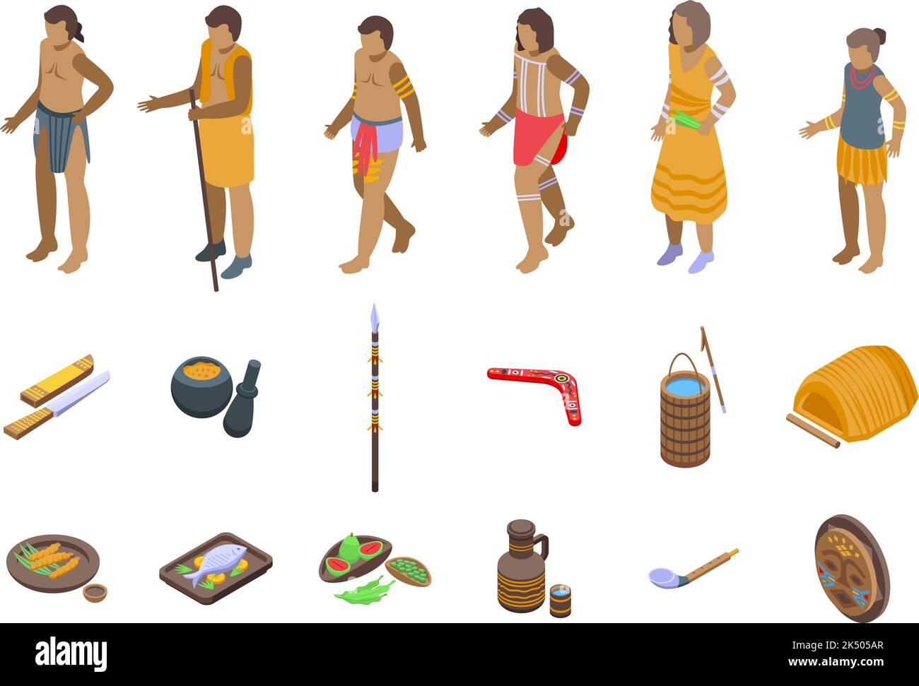 Aborigin icons set isometric vector. Cultural africa. Totem tribe Stock Vector