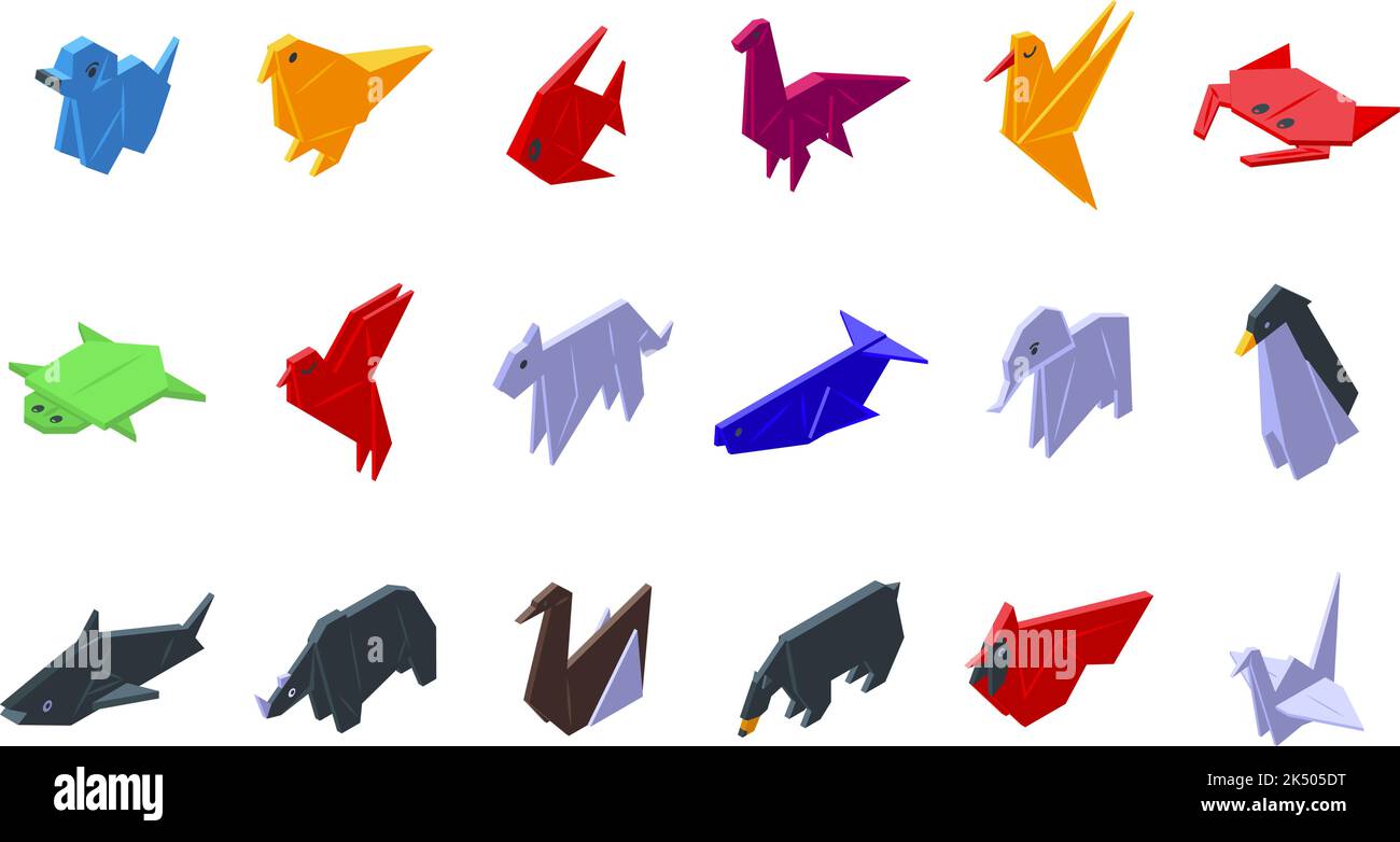 Origami animals icons set isometric vector. Paper polygon. Geometric poly Stock Vector