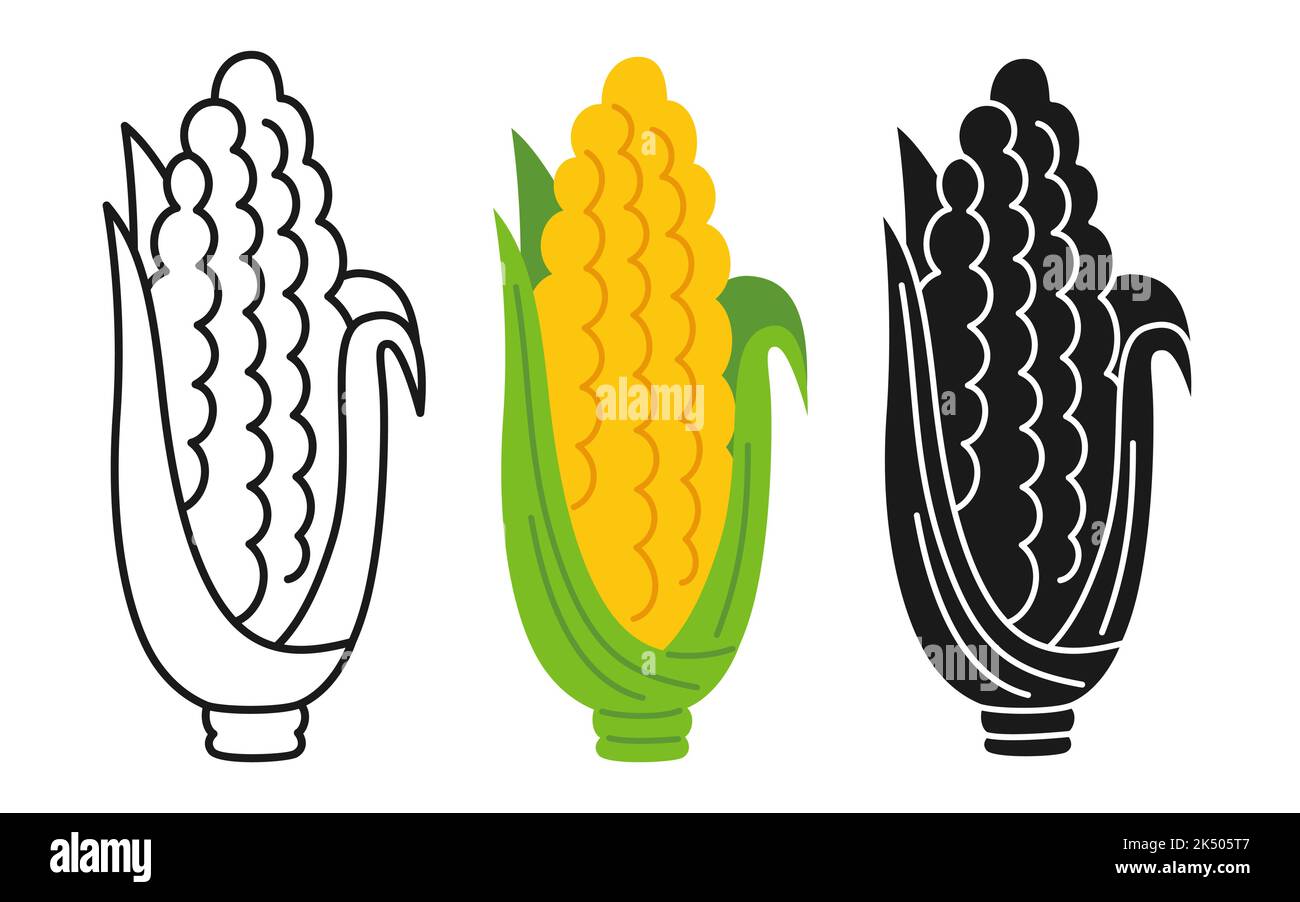 Corn Cob cartoon linear icon set, doodle style, engraving silhouette ...