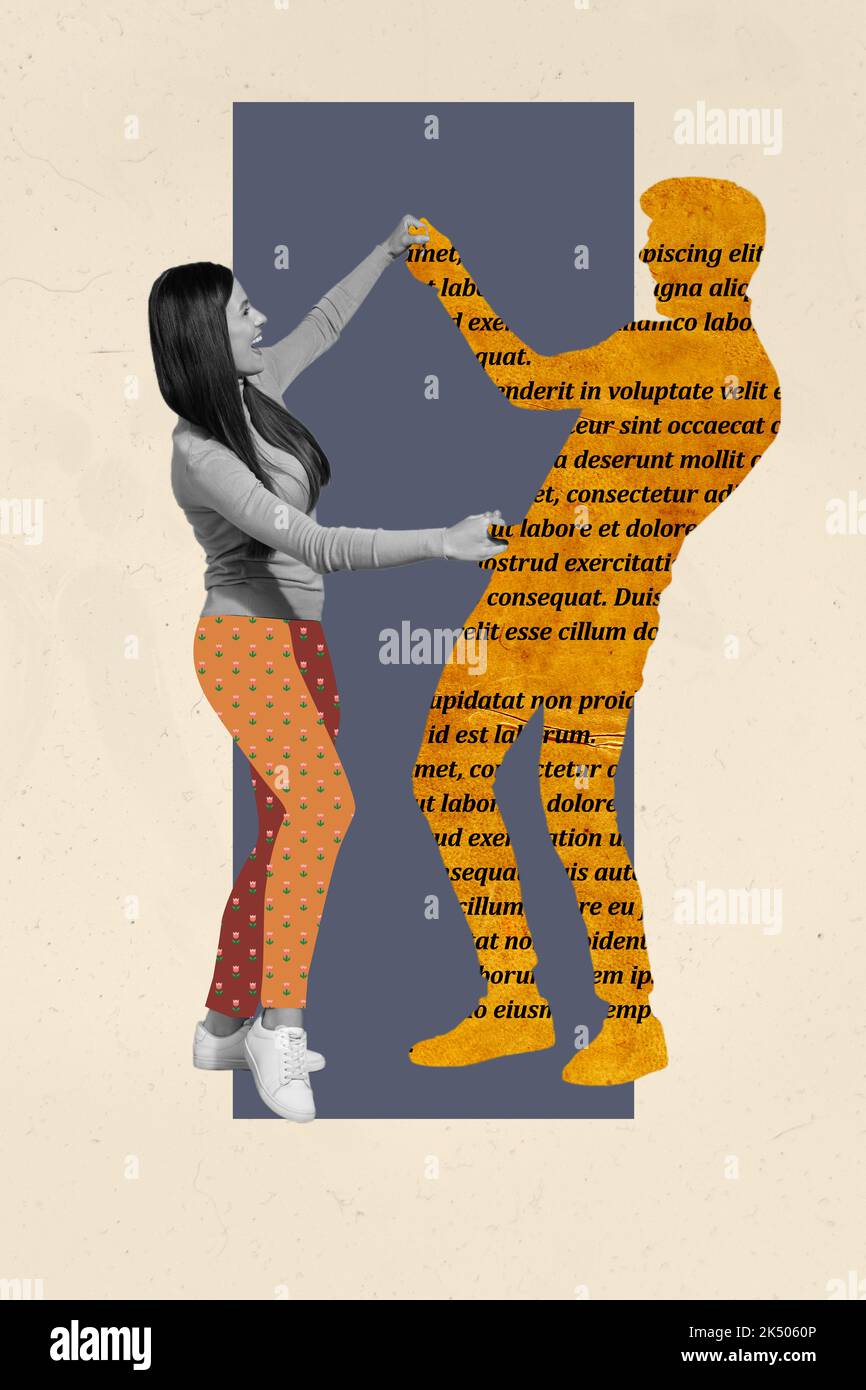 Vertical collage illustration of positive young woman dancing chatting book fictional character newspaper text man silhouette imagination Stock Photo