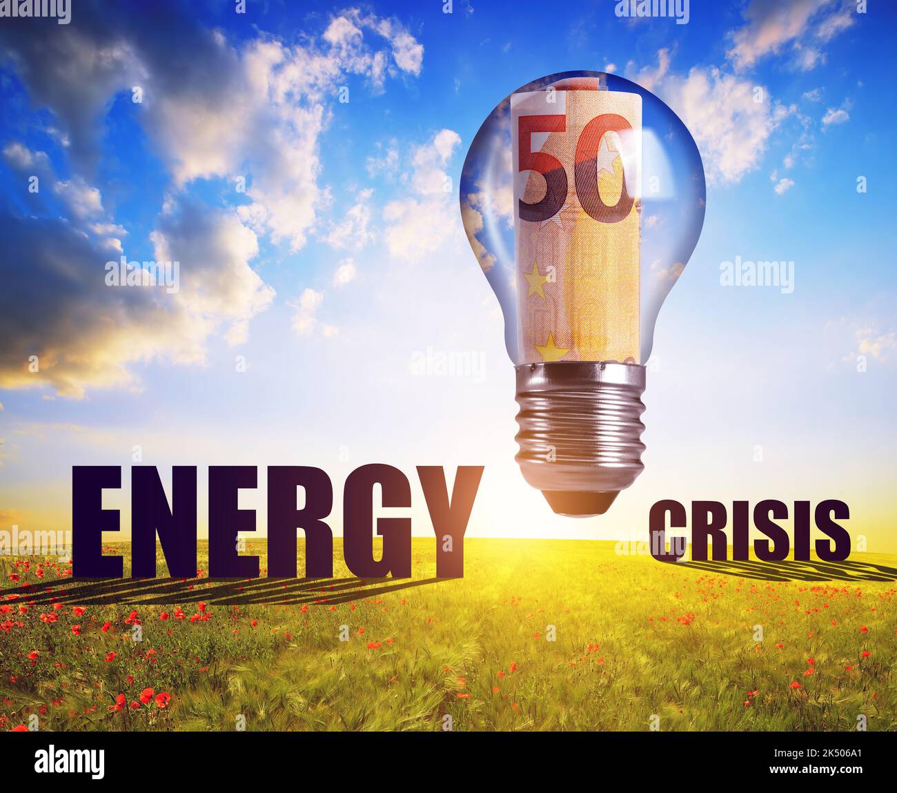 Light bulb with euro banknotes at sunset. Concept of price increase of