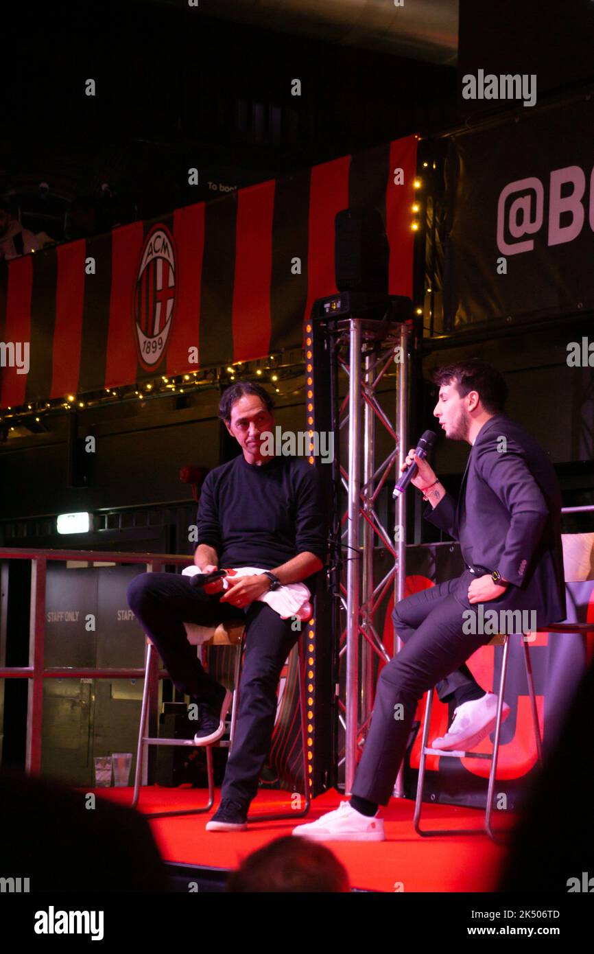 London, United Kingdom. 4th Oct 2022. From Milan to Many: Italian Serie A champions AC Milan show their trophy to supporters in London ahead of their Champions League clash with Chelsea FC. Defender Alessandro Nesta interviewed on stage. Cristina Massei/Alamy Live News Stock Photo