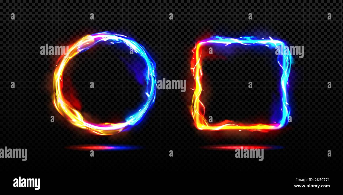 Abstract neon frames with fire and ice energy effect. Circle and square signs with border of burning magic blue and orange flame with sparks, vector realistic set Stock Vector