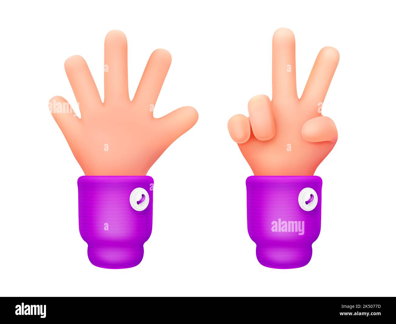 3d render, count hands showing five and two fingers. Communication, number gestures, body language concept. Hello and victory sign or 2 and 5 digits solated Illustration in cartoon plastic style Stock Vector