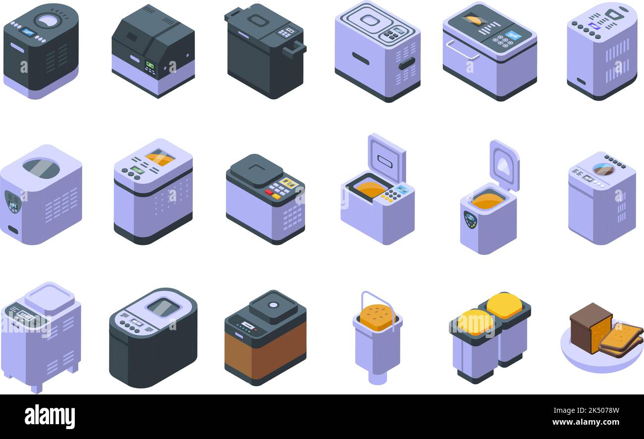 Breadmaker icons set isometric vector. Kitchen machine. Food processor Stock Vector