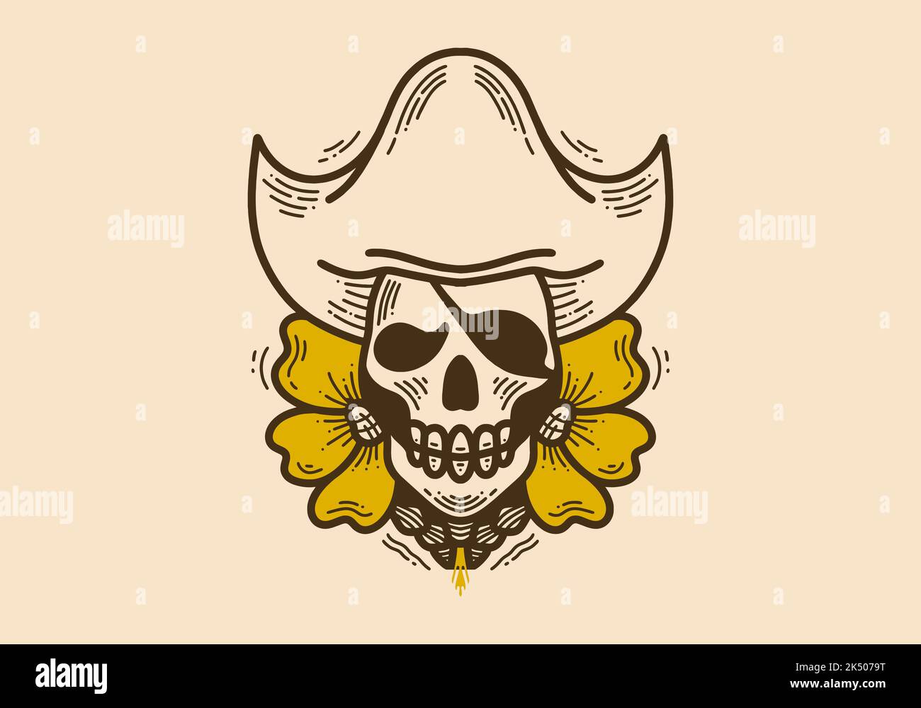 Vintage style illustration design of a skull wearing a pirate hat with ...