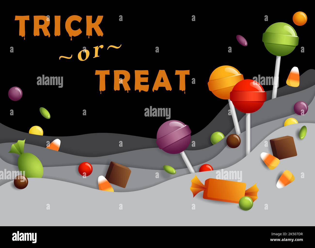 Halloween layered candy corner with fun trick or treat text Stock
