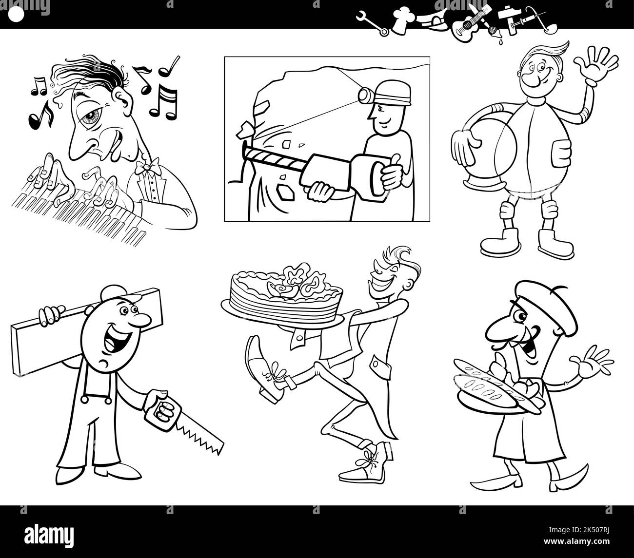 Black and white cartoon illustration of professional people occupations comic characters set coloring page Stock Vector