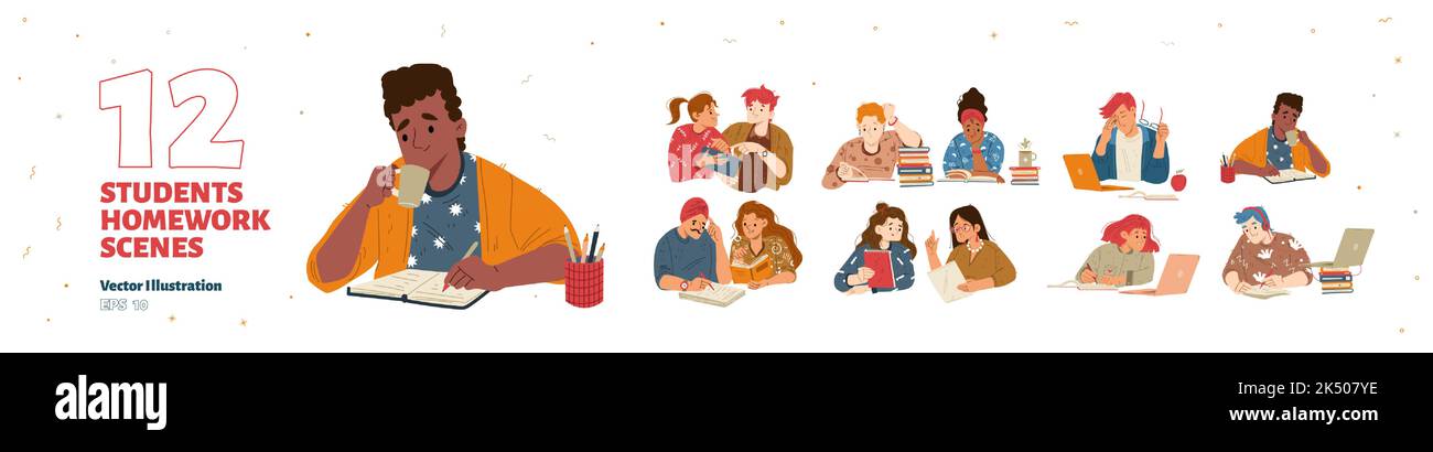 Students do homework, read books, use laptop, drink coffee and write. Scenes of diverse young people learning and study together, vector hand drawn illustration Stock Vector