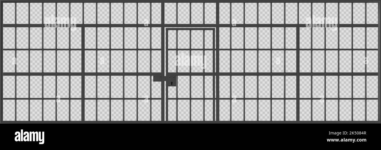 Prison cage with locked door, jail cell wall with black metal bars