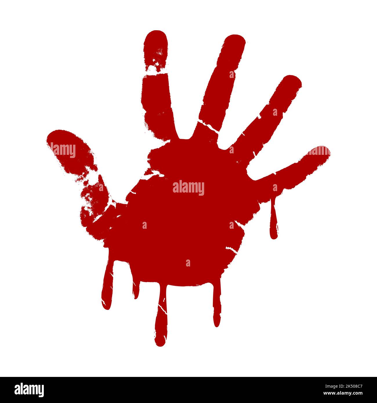 Bloody hand print with dripping blood. Red palm imprint with drops of blood. Scary Halloween concept. Victim of violence. Horror movie idea. Vector Stock Vector