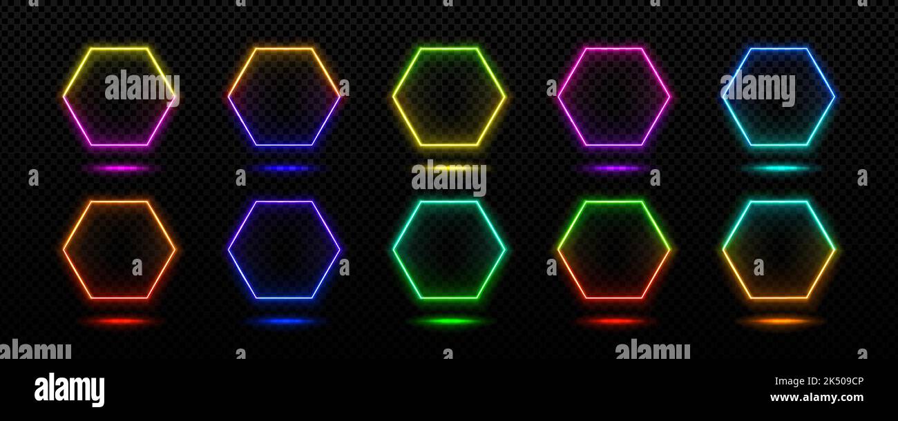 Neon frames, light banners hexagon shape. Abstract electric sign