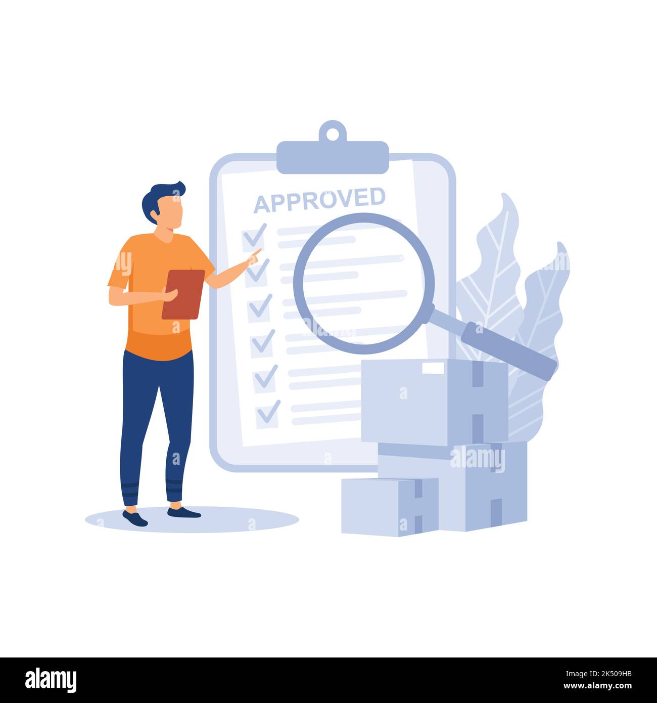 Person looking at boxes through magnifying glass and check list