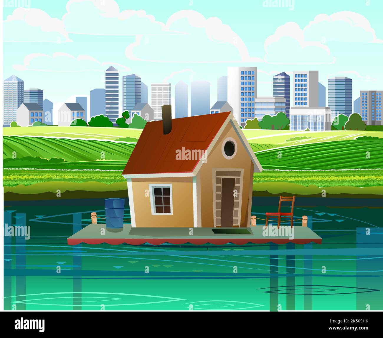 Floating house On horizon is large modern city. Dwelling with small courtyard on water. illustration vector. Stock Vector