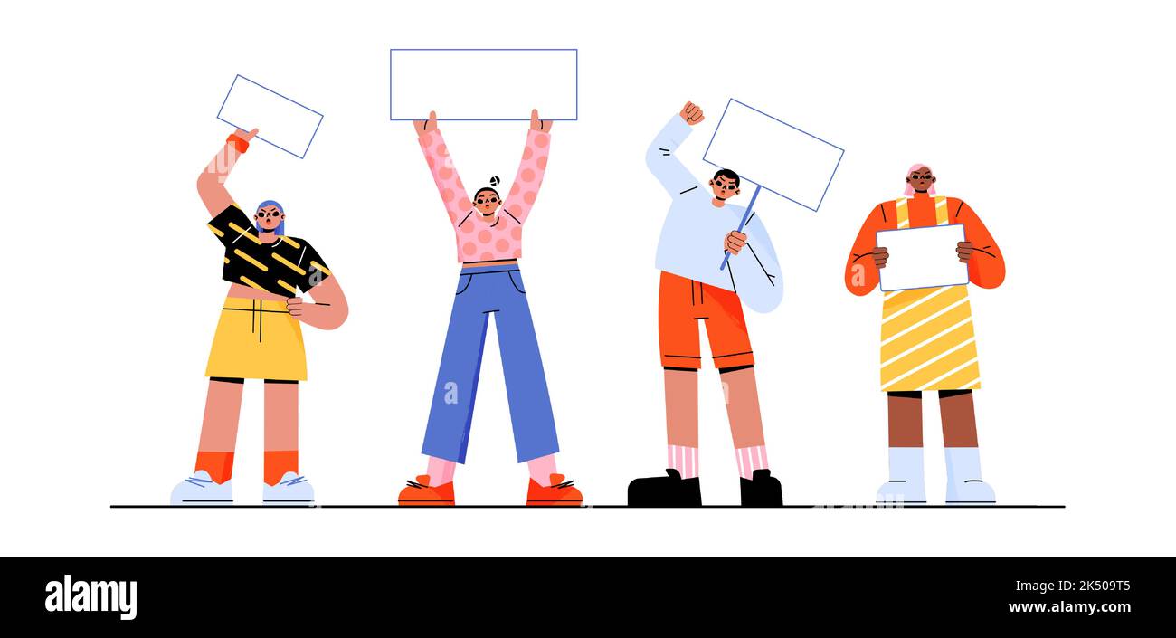 Rally, protest concept, people with placards and banners on rally