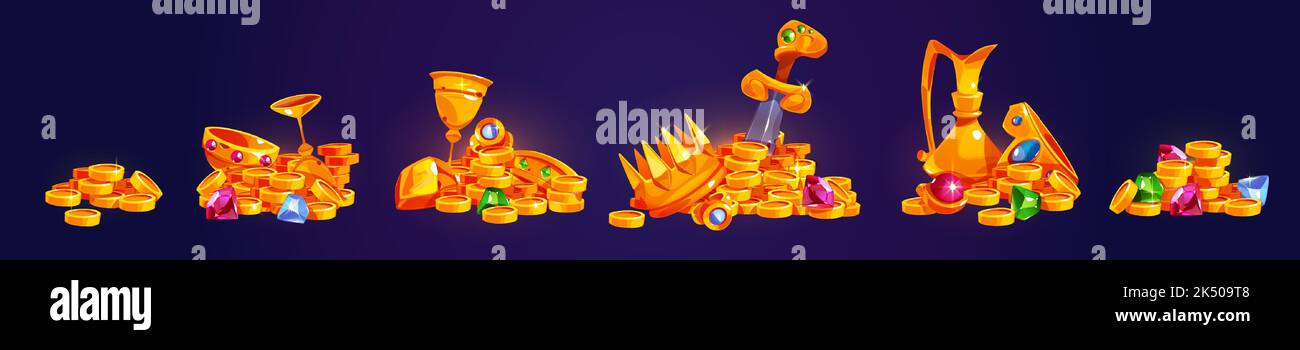 Pirate treasure icons with gold coins heaps with sword, gems and crown ...