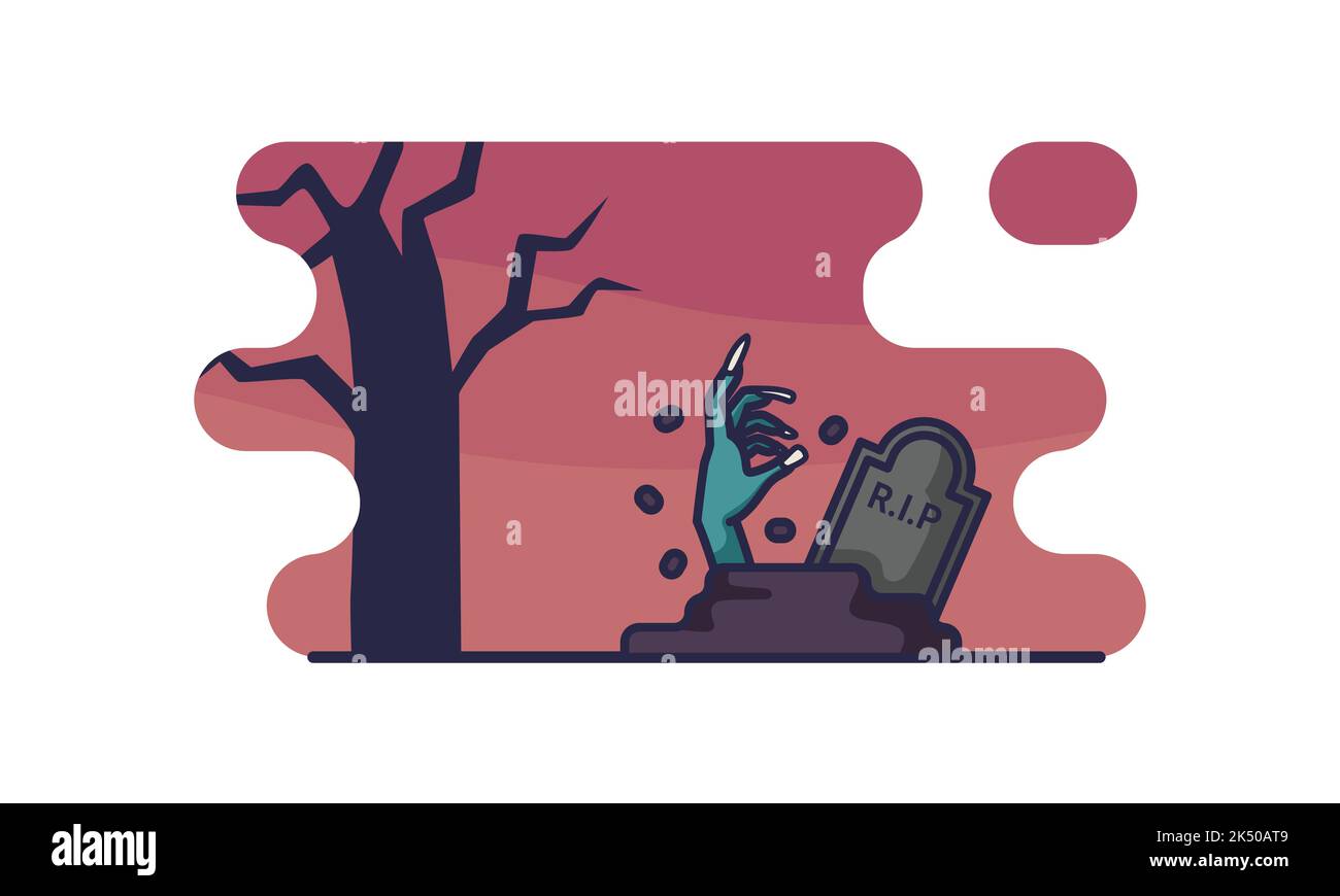 Hand Rise up from the gravestone cartoon. Halloween night vector Illustration isolated on a white background. Stock Vector