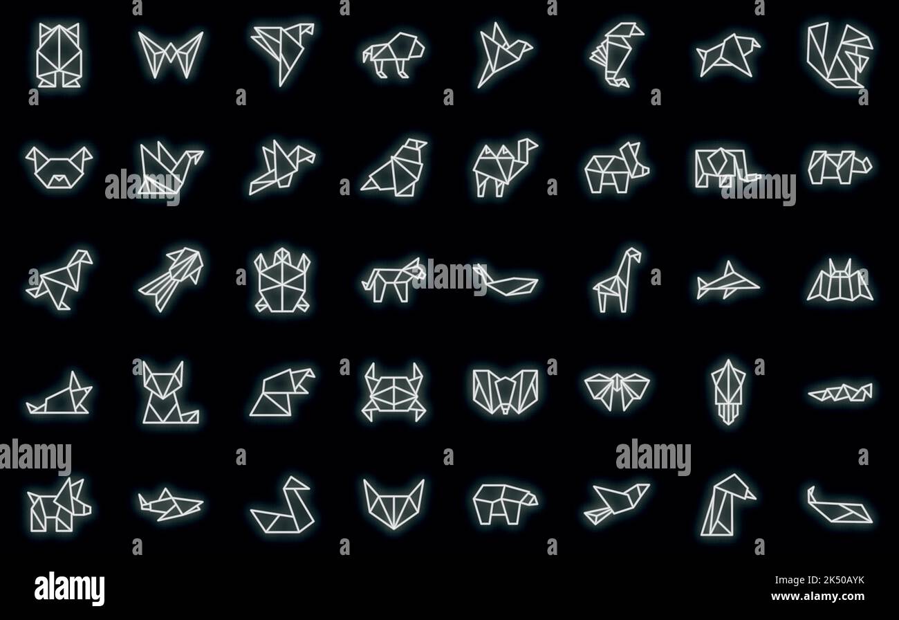 Origami animals icons set outline vector. Paper fish. Polygon crab vector neon Stock Vector