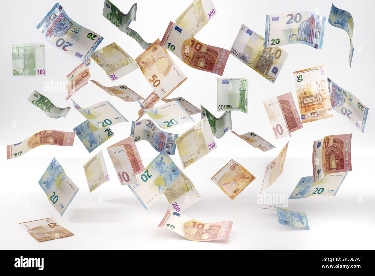 falling European euro banknote concept currency crash of euros banknotes falling exchange rate collapse Stock Photo
