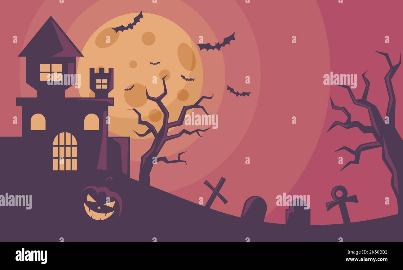 The Witch Castle, Haunted House. Flat Design Vector Illustration