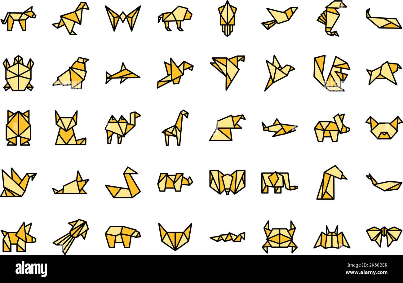 Origami animals icons set outline vector. Paper fish. Polygon crab thin line color flat on white Stock Vector