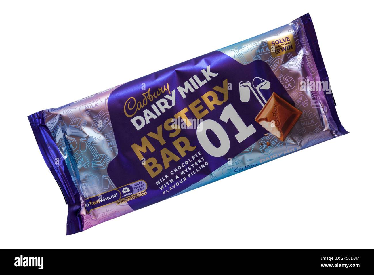Cadbury Dairy Milk Mystery Bar 01 milk chocolate with a mystery flavour filling chocolate bar isolated on white background Stock Photo