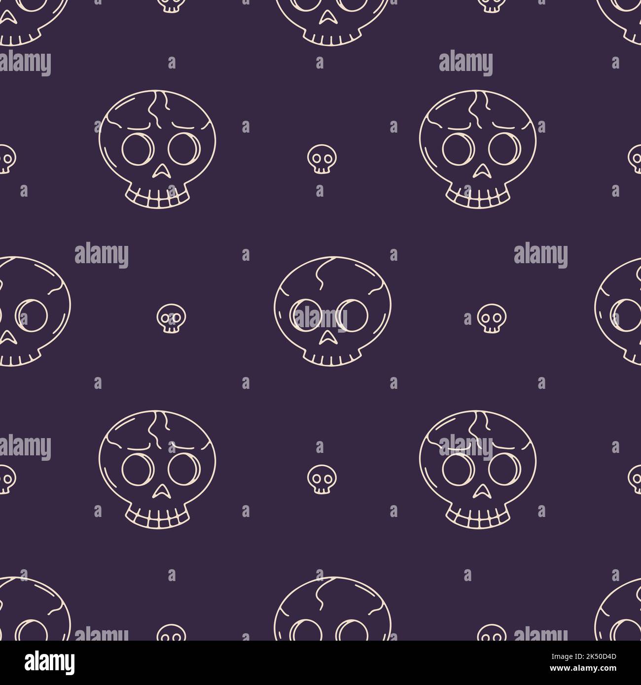 Seamless pattern with line art skulls on a dark purple background Stock Vector