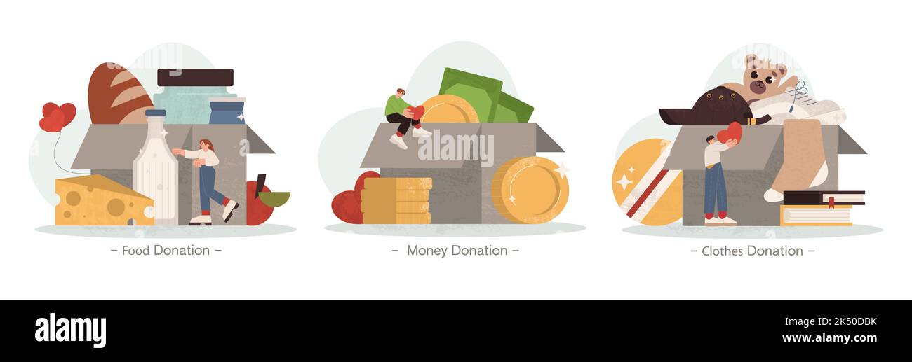 Flat tiny people collect food donation, clothes, money and child toys for charity or humanitarian aid. Volunteers donate products in cardboard boxes. Characters help to poor, homeless or kids. Stock Vector