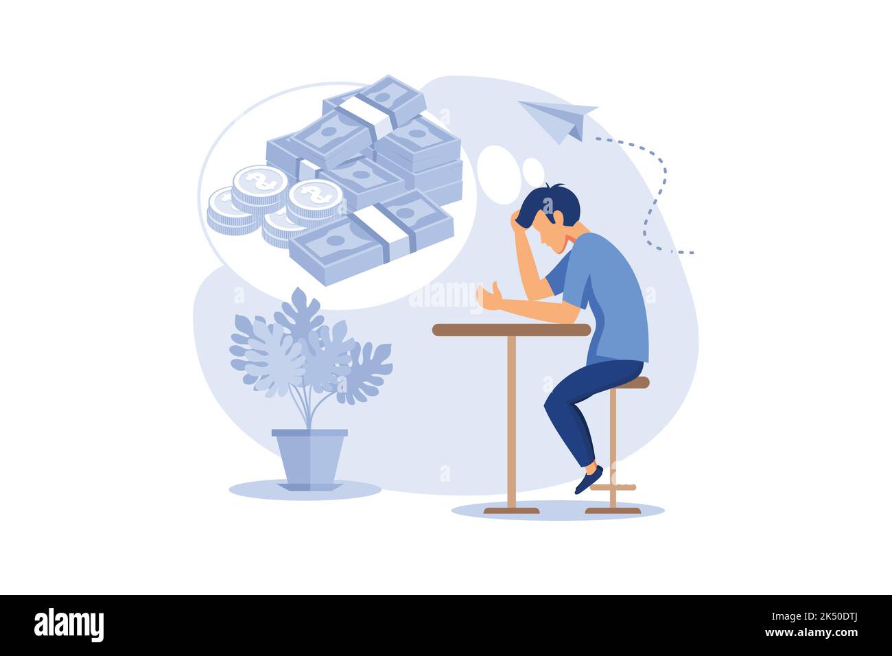 financial problems, economic crisis, business bankruptcy, presses office worker with a headache, unpaid loan debt vector flat modern design illustrati Stock Vector