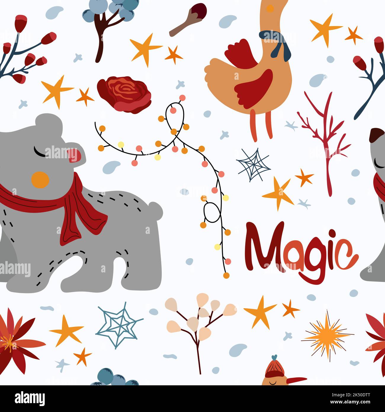 Seamless patterns with with a cute polar bear in a scarf, funny winter ...