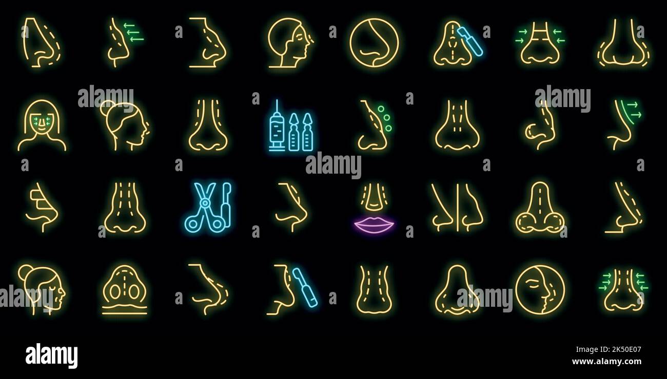 Rhinoplasty icons set outline vector. Human nose. Closed adjustment
