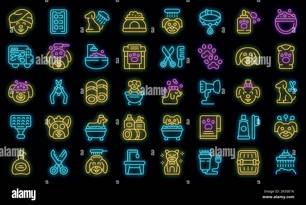 Dogs spa icons set outline vector. Shower grooming. Animal spa vector neon Stock Vector