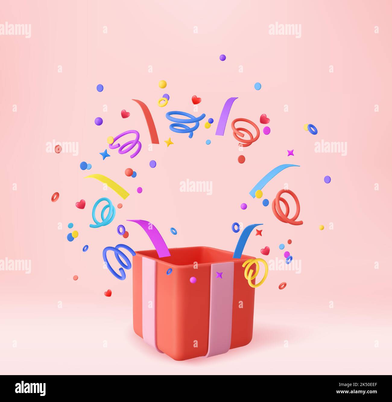 3d Cute Surprise Gift Box With Falling Confetti Stock Vector