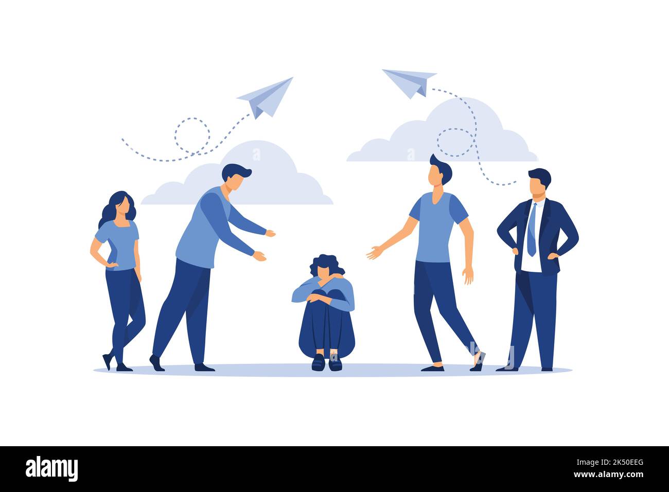 the problem of bullying, a woman sits on the floor surrounded by people mocking him. flat vector illustration Stock Vector