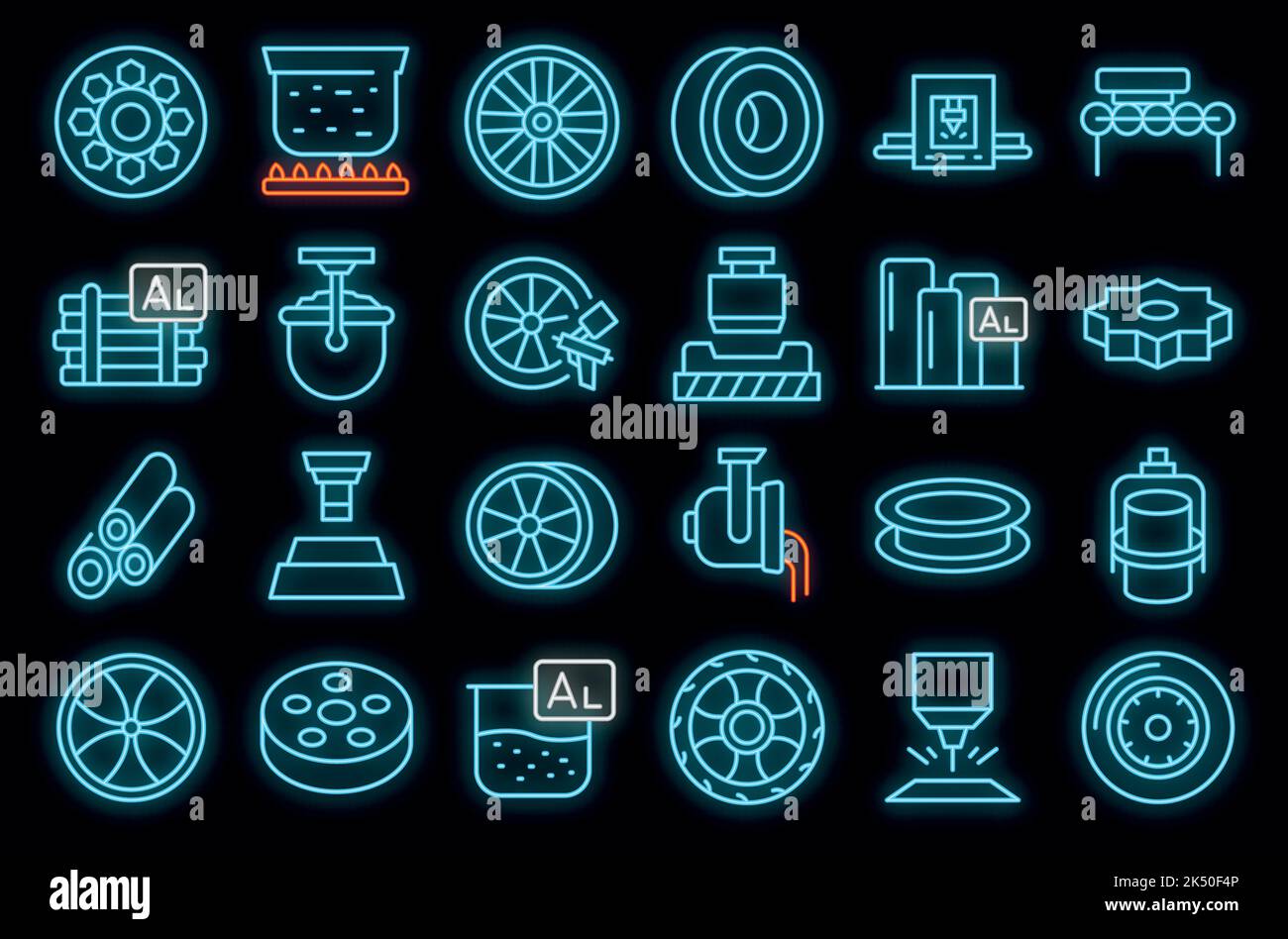 Aluminium wheels icons set outline vector. Car factory. Auto equipment