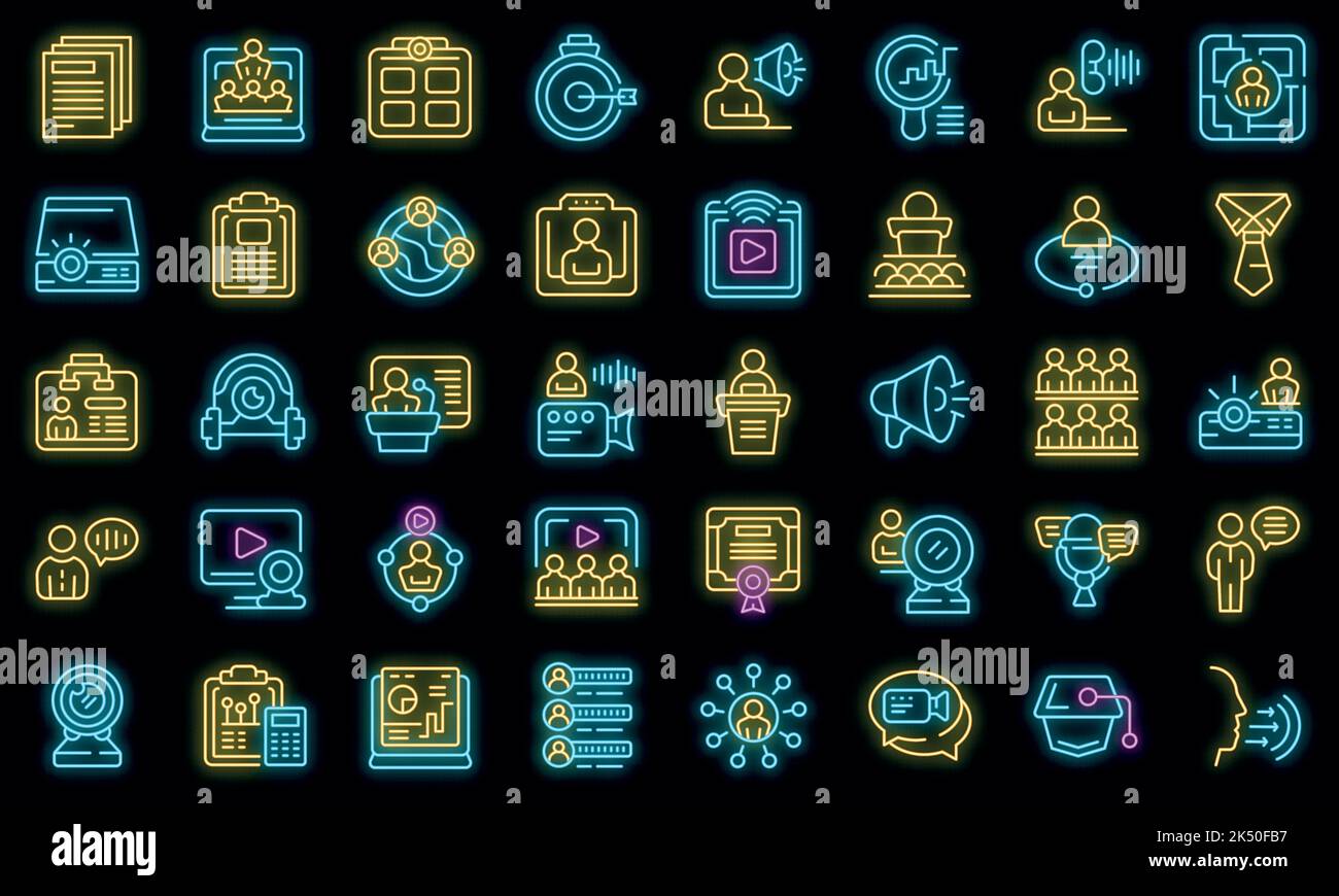 Conference icons set outline vector. Virtual zoom. Online work vector neon Stock Vector