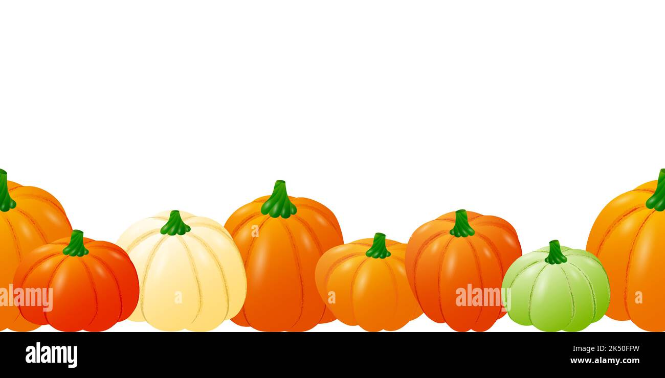Seamless banner with pumpkins and place for text. Bottom border of colorful ripe pumpkins. Background with vegetables for invitation or advertising Stock Vector