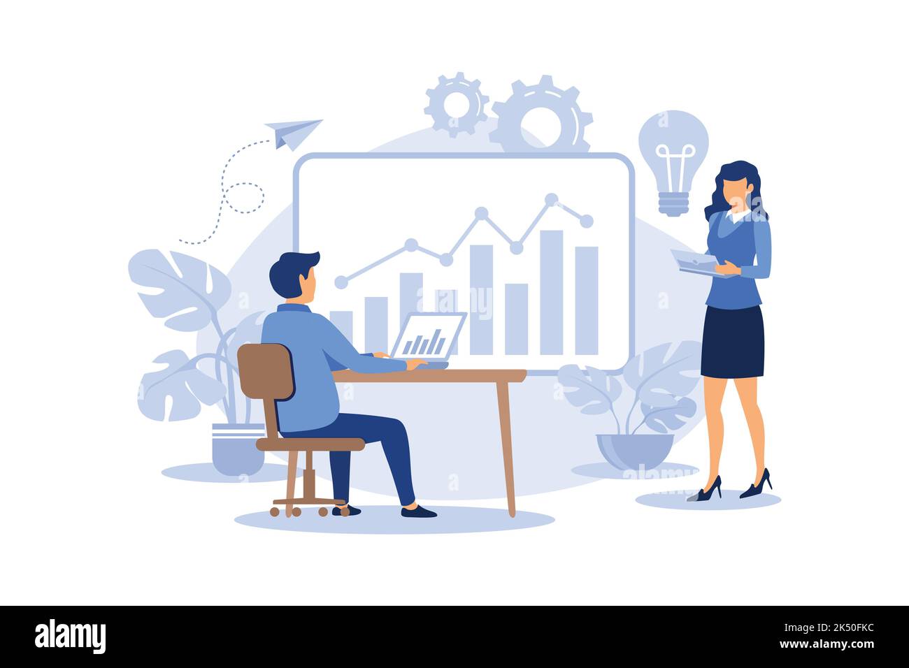 an employee engaged in the construction of columns of graphs, career growth to success, flat color icons, business analysis, data storage in the cloud Stock Vector