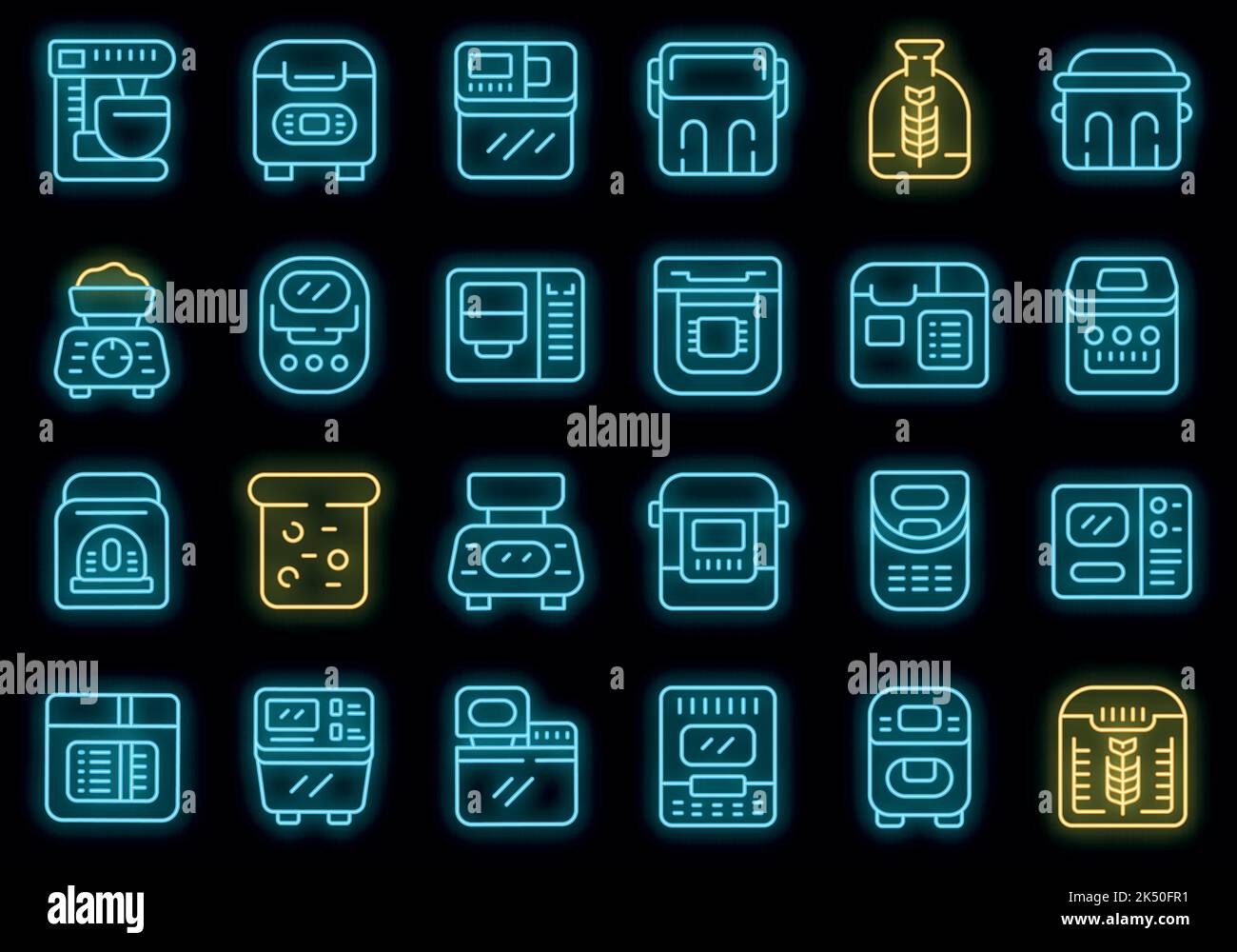Breadmaker icons set outline vector. Kitchen machine. Machine food vector neon Stock Vector