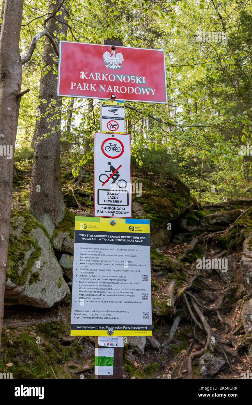 Szklarska Poreba Poland. May 8, 2022. Information sign on the trail for tourists. Stock Photo
