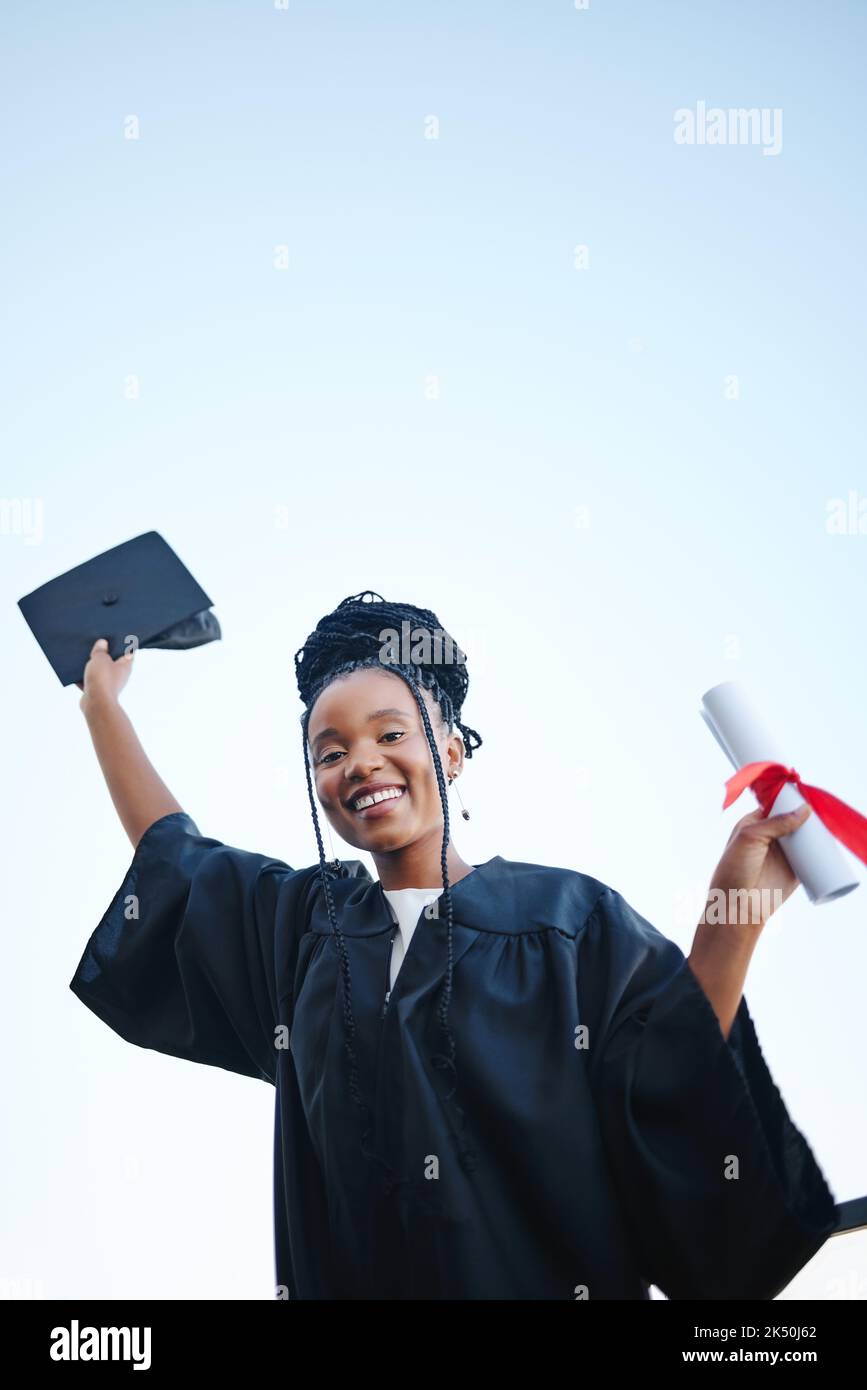 Success, graduation and education with black woman and certificate from ...