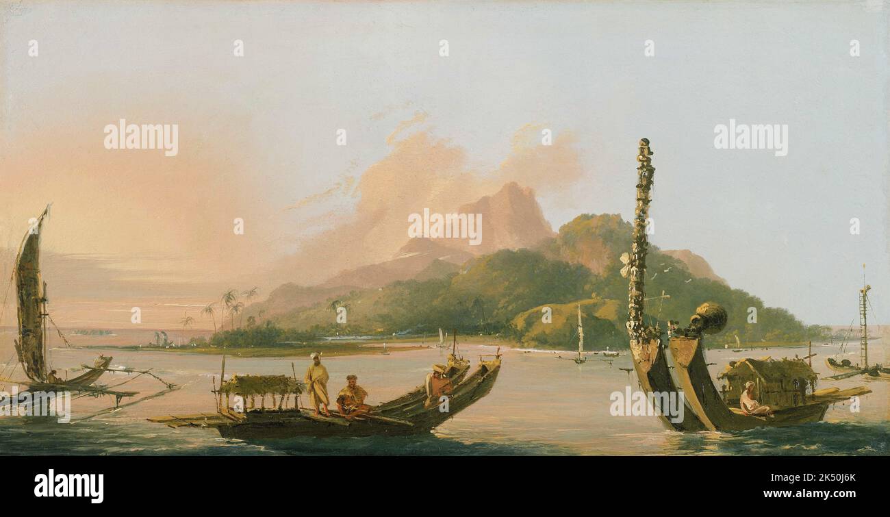 Tahiti: 'General View of the Island of Otaheite (Tahiti, Bearing South-east)'. Oil on canvas painting by William Hodges (28 October 1744 - 6 March 1797), c. 1775.  William Hodges was an English painter. He was a member of James Cook's second voyage to the Pacific Ocean, and is best known for the sketches and paintings of locations he visited on that voyage, including Table Bay, Tahiti, Easter Island and the Antarctic. Hodges accompanied Cook to the Pacific as the expedition's artist in 1772-1775. Many of his sketches and wash paintings were adapted as engravings in Cook's published journals. Stock Photo